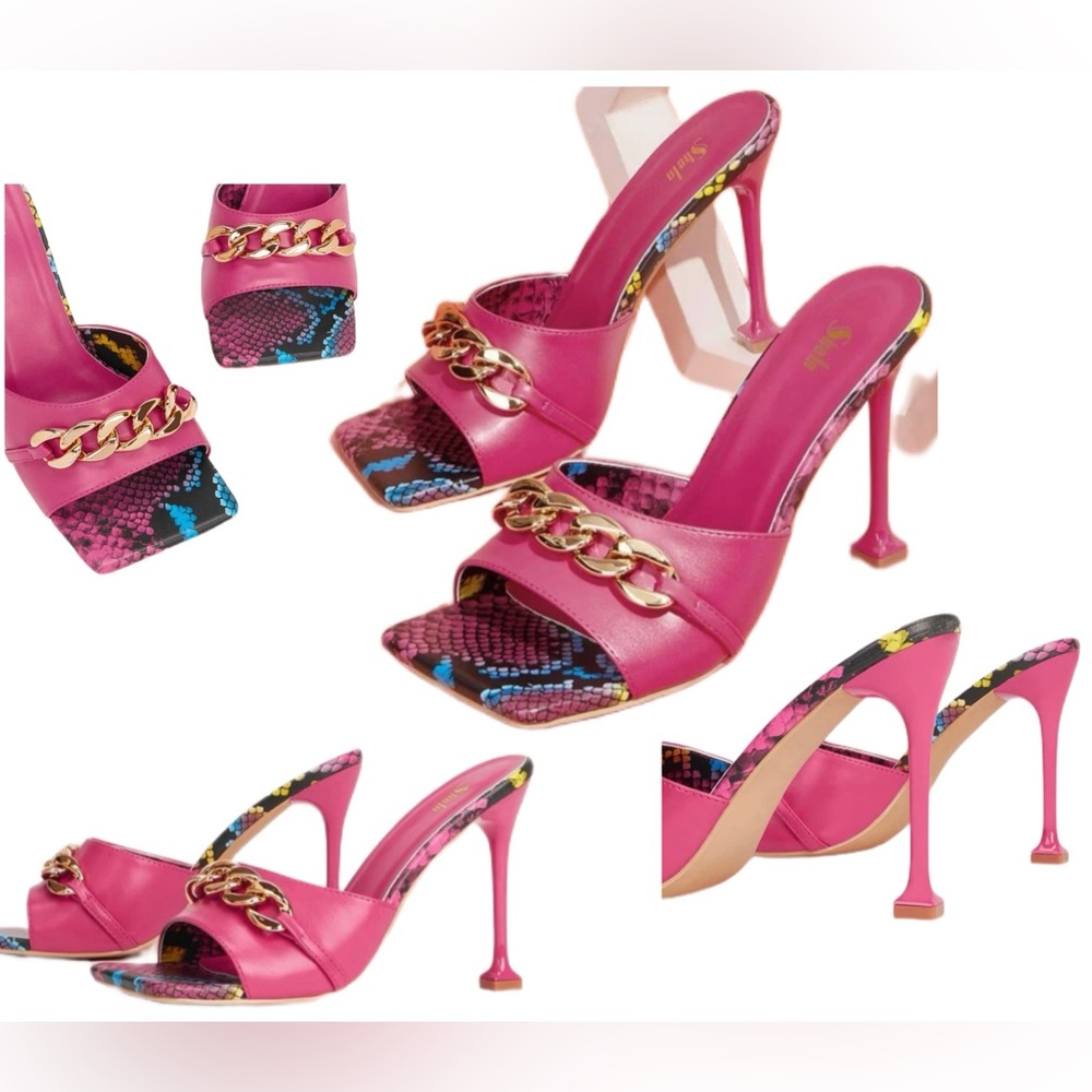Metallic Chain Decor Snakeskin Embossed Mule Sandals